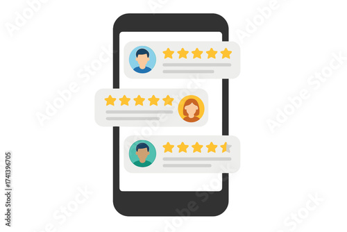 Customer review on mobile phone screen. Online feedback and user testimonial concept. Five star rating. Client satisfaction survey. Experience, quality, service evaluation.