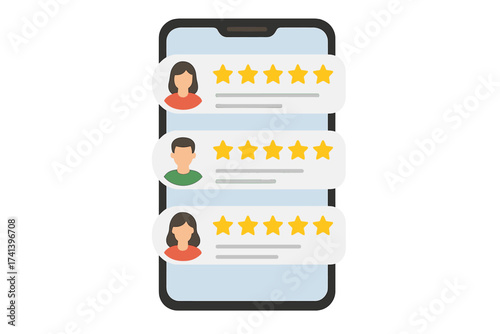 Customer review rating on mobile phone. Online testimonials and client feedback messages. Five star satisfaction rating concept. Excellent service user experience on smartphone.