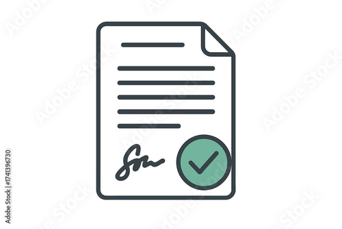 Business document icon. Signed contract with approval stamp. Agreement with signature and check mark. Concept of paperwork, deal, partnership. Flat vector illustration.