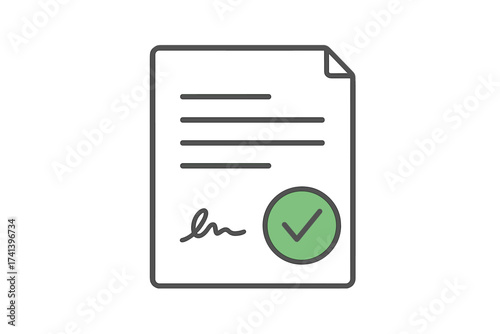 Business document icon with signature and approval stamp. Signed contract, agreement verification, and successful deal confirmation. Paperwork and legal document concept vector.