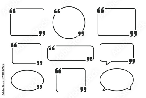 Quote box frames and speech bubbles vector set. Quotation mark icon collection for testimonials, comments and messages. Dialogue box, citation template and feedback design element.
