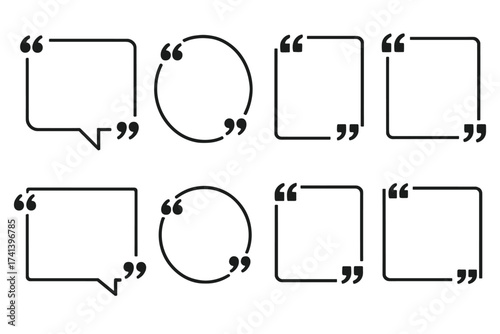 Quote box frame vector set. Speech bubble and quotation mark icon collection. Template for testimonials, comments, or citations. Blank dialogue box border for text. Banner.