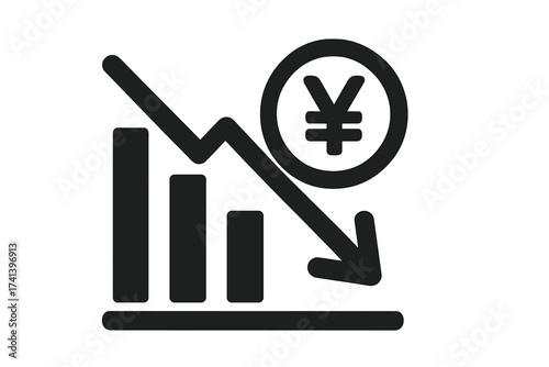 Yen or Yuan currency cost reduction icon. Financial crisis, economic recession concept. Stock market crash graph. Money value decrease, depreciation and devaluation chart.