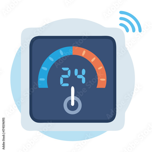 Smart Thermostat Icon: A digital thermostat showcasing temperature with a button, symbolizing the control of comfort and energy efficiency.