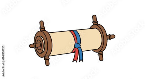 Ancient Scroll with Wooden Rollers and Red and Blue Ribbons.