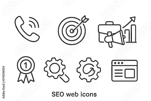 SEO icon set. Web icons in thin line style. Digital marketing, business growth, website traffic, ranking, optimization, and target audience concepts. Vector collection.