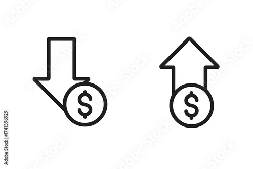 Cost reduction icon. Profit money. Arrow down and up. Price decrease and increase. Financial concept. Dollar growth and crisis. Business investment, income, salary rate symbol.