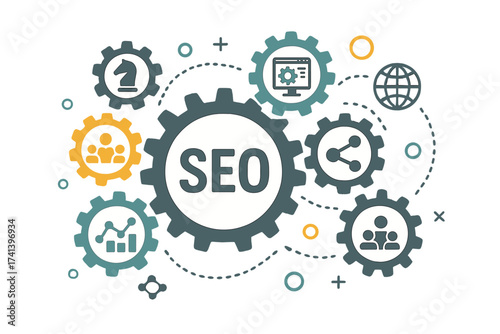 SEO mechanism concept. Abstract vector background with integrated gears and icons for strategy, digital marketing, internet, network, analytics, social media and global connect.