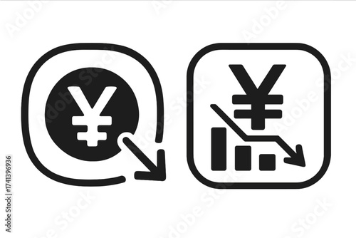 Yen Yuan cost reduction icon. Price decrease symbol. Financial crisis, economy crash, recession graph. Business marketing vector illustration. Money down arrow chart concept.