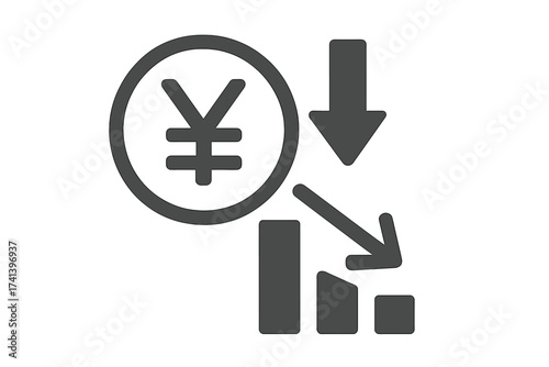 Yen or Yuan cost reduction icon. JPY CNY currency symbol with arrow down. Financial crisis, economy recession graph. Price fall, value decrease, depreciation vector concept.
