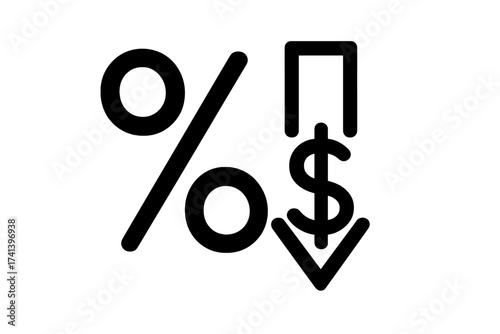 Cost reduction icon with percentage and dollar sign down arrow. Price drop, sale, discount concept. Financial crisis, budget cut, lower expense, and recession symbol.