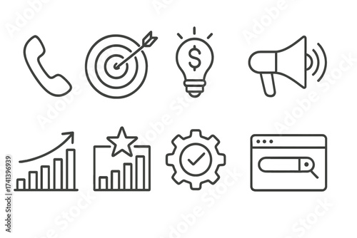 SEO marketing line icon collection. Digital business concept symbols. Web optimization, contact, target, advertising, traffic growth, ranking, financial idea, and browser search.