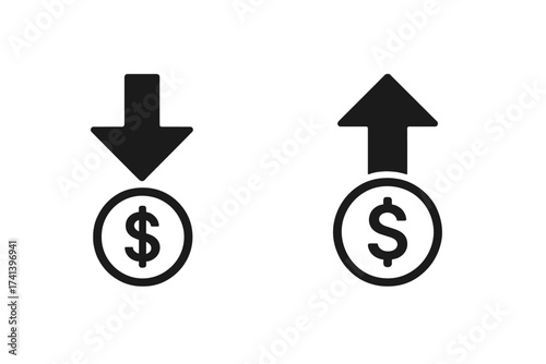 Cost reduction and profit increase icon set. Vector symbols for money, finance, and business. Arrow down for expenses, loss, and lower price. Arrow up for income, revenue, and growth.