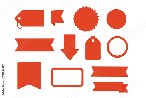 Red sale tags and discount labels vector collection. Set of promotional banners, ribbons and shopping icons for special offers. Price tag and sticker graphic elements set.