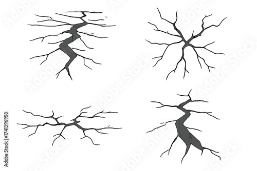 Set of cracks on surface. Cracked ground, split terrain after earthquake. Sketch crack texture, fault line illustration. Damage, destruction, rift effect vector collection.