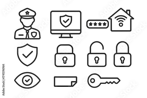 Security line icon set. Guard, cyber security, password, smart home, safety, data protection, key, shield, lock, unlock, eye access. Vector pictogram illustration for web.