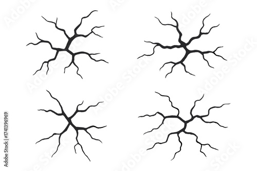 Set of vector cracks. Surface cracked ground, split terrain after earthquake. Sketch crack texture illustration. Concept of fault, damage, destruction, drought or disaster.