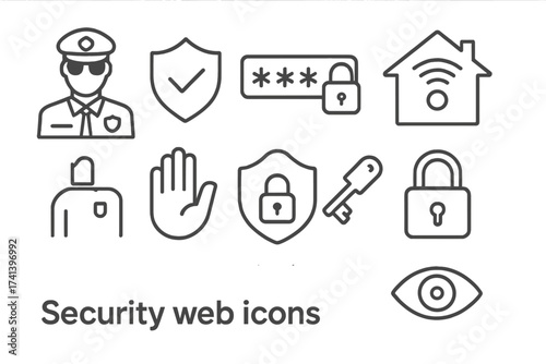 Cybersecurity and data protection line icon pack. Includes guard, password, smart home, key, shield, lock, unlock, eye access, and safety symbols. Vector illustrations.