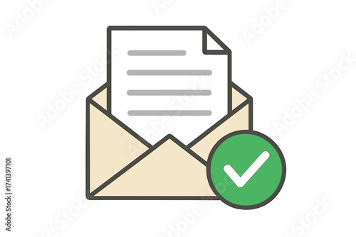 Envelope with approved document icon. Confirmed message, accepted letter or email verification. Green check mark for success, done deal or complete task. Vector illustration.