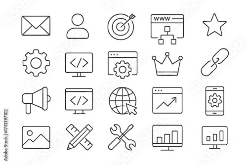SEO and web development line icon set. Vector symbols for digital marketing, website optimization, coding, analytics. Contains target, link, contact, and mobile icons.