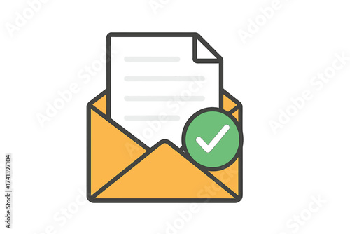 Envelope with approved document icon. E-mail confirmation and verification success concept. Open envelope with a new letter. Mail notice or accepted message. Flat vector design.