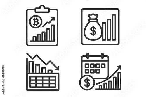 Financial indicators vector icon set. Business performance bitcoin growth chart. Statistical report. Return on investment ROI. Mutual fund. Financial consolidation planning budget.