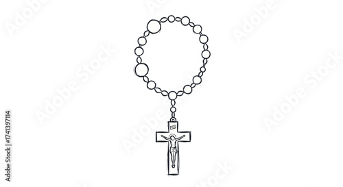 Simple Line Art Illustration of a Rosary with Cross Pendant.
