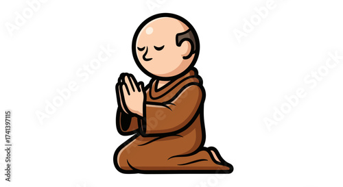 Cartoon Monk Kneeling in Prayer with Eyes Closed.