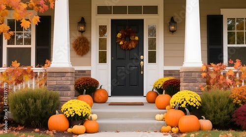 halloween pumpkin and pumpkins. Beautiful fall autumn front door porch with pumpkins and chrysanthemum