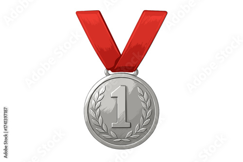First place silver medal vector illustration. Champion award with red ribbon and laurel wreath. Symbol of success, victory, and achievement. Realistic prize icon for competition.