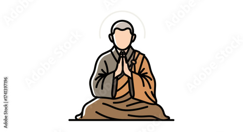 Monk in Prayer Pose with Halo Sitting in Meditation.