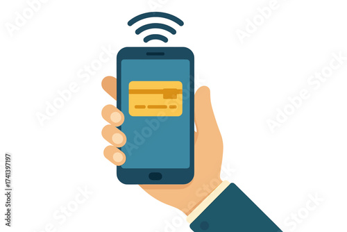 Contactless payment via smartphone. Hand holding phone with credit card on screen. NFC technology for wireless transaction. Mobile banking and digital wallet concept for e-commerce.