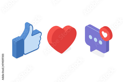 Like, heart, and comment isometric icons. Social media notification symbol set. 3D vector for web, app UI. Thumb up, love, and chat for streaming, communication design.