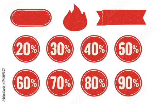 Big set of red grunge sale tags and vintage labels. Retro stamps, badges and promo banners for special offers. Hot deal, best price discount stickers from 20 to 90 percent.