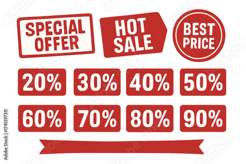 Vector set of red grunge sale tags and labels. Special offer, hot sale, best price stamp. Promotion discount badges 20-90 percent off. Retail advertising banners and stickers.
