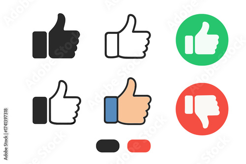 Like and dislike icon set. Thumbs up and thumbs down symbol collection. Social media feedback buttons. Web elements for UI and UX design. Approval and disapproval vector signs.