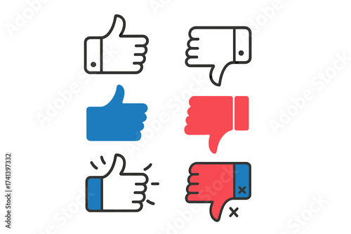 Like and dislike thumbs up and down icon set. Vector symbols for social media feedback, customer review, and rating system. Modern graphic elements for web, UI, and UX design.