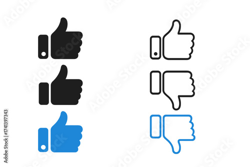 Like and dislike icon set. Thumbs up and thumbs down symbol collection. Social media approval and disapproval signs. Feedback, rating and vote graphic element for web and UI.