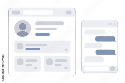 Social network user profile page and mobile chat messenger window. Blank UI, UX template kit for website or app. Vector illustration with transparent background. Messaging concept.