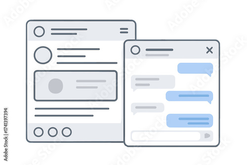 Social network user interface and messenger window vector illustration. Blank template for chat application and profile page layout. Communication, messaging, and UI/UX design concept.