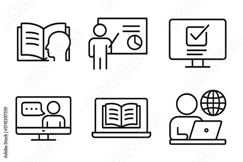 Training and education icon set. Line icons for webinar, seminar, online course, and distance learning. Vector collection for e-learning, online test, presentation, knowledge.