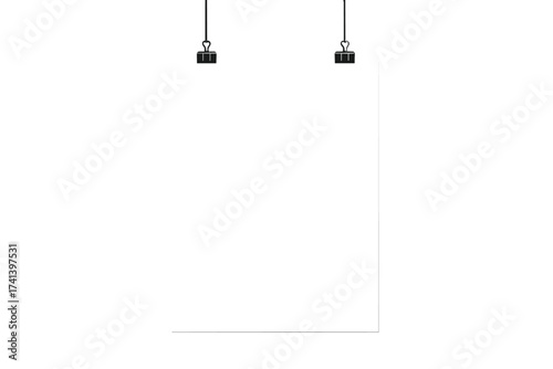 Realistic white poster mockup hanging with black binder clips. Empty paper sheet template for business presentation or design. Blank A4 page for text. Vector illustration display.