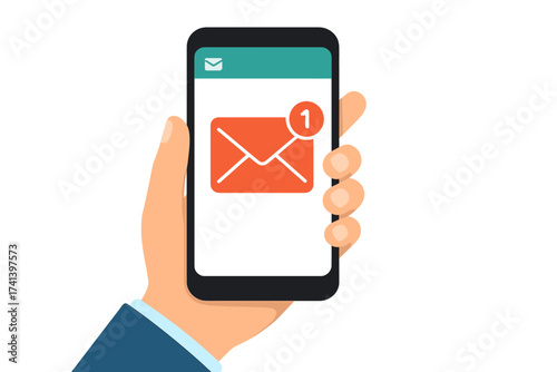 Businessman hand holding smartphone with new email notification. Mobile phone screen showing unread message alert icon. E-mail marketing, business communication vector illustration.