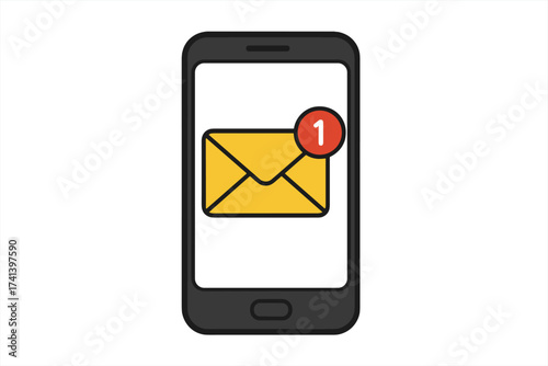New email notification on a smartphone screen. Unread message in mail inbox with an alert icon. E-mail marketing, newsletter subscription concept. Digital communication vector.