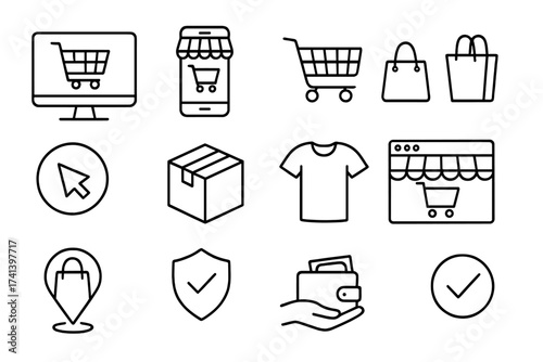 Online shopping & e-commerce line icon set. Vector symbols for web & mobile. Includes cart, bag, delivery, payment, secure checkout, store, location & confirmation icons.
