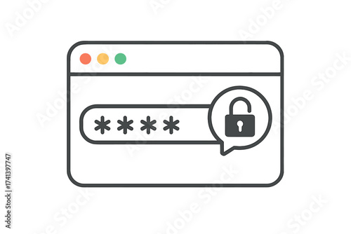 Password field with open lock in browser window. Vector for log-in or sign in page. Unlocked password bubble for weak access. Concept for cyber security, authentication.