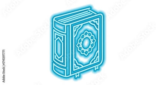 Illuminated Neon Quran Book with Ornate Cover Design.