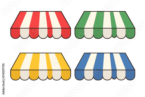 Striped awning vector set. Colorful shop roof canopy collection. Red, green, yellow, blue sunshade for store front, market, cafe. Flat cartoon design illustration.