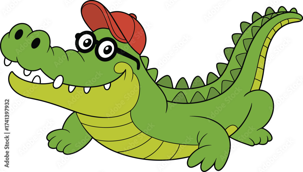 Obraz premium Cartoon alligator character, green reptile, red cap, glasses, friendly animal, vector illustration, kids mascot, crawling pose, stock image, smiling face
