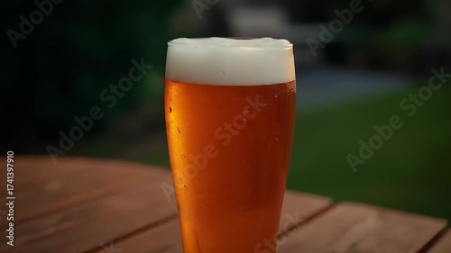 Refreshing beer on wooden surface with golden light creates relaxing atmosphere